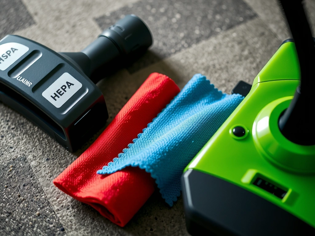 Professional cleaning tools including HEPA vacuum and color-coded microfiber cloths.
