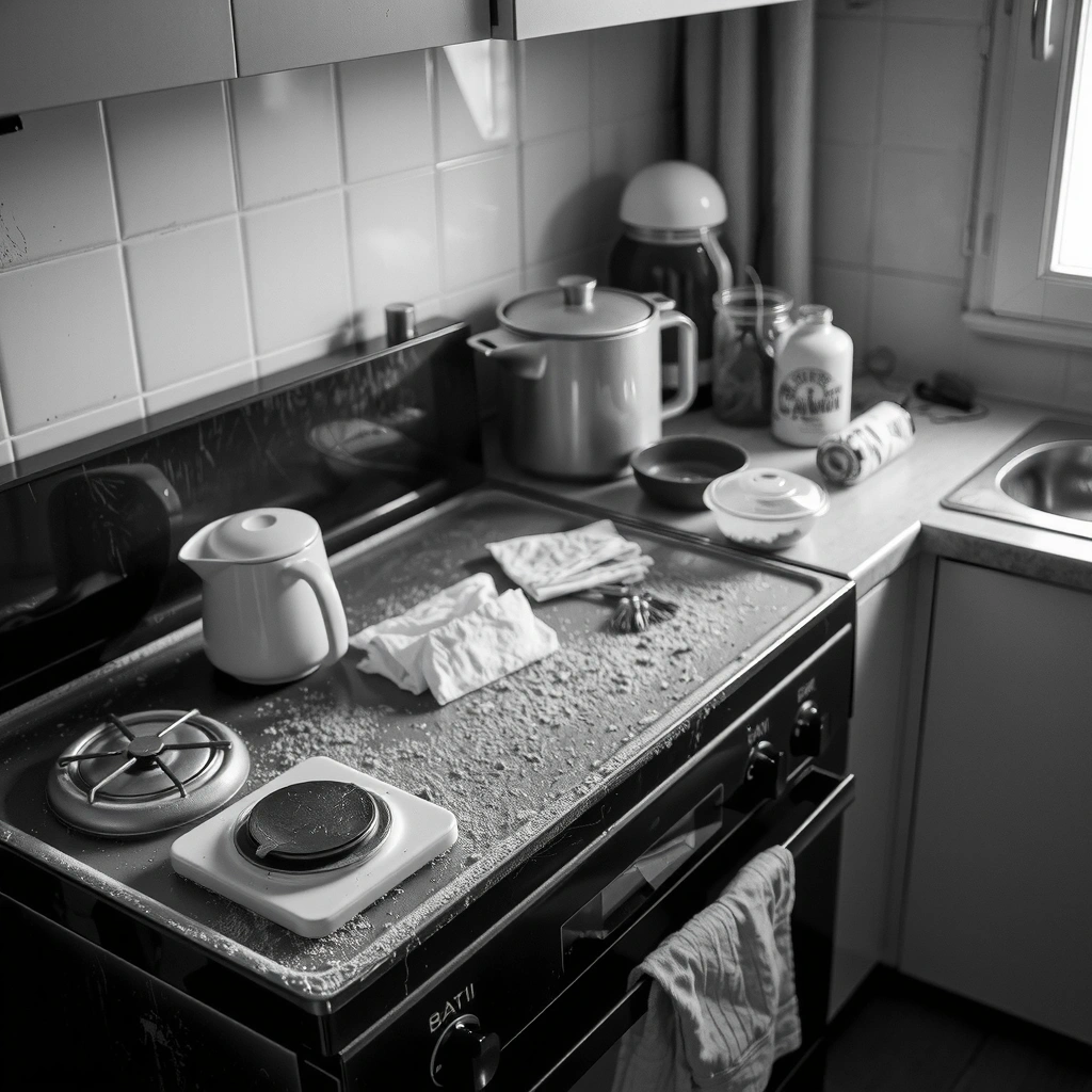 Dusty kitchen before cleaning